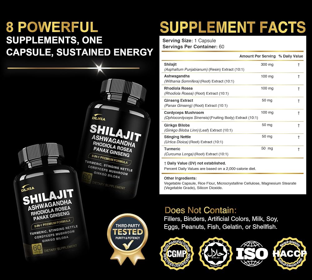 DLNIA 8-in-1 Shilajit with Ashwagandha & Ginseng - 60 Capsules - image 3