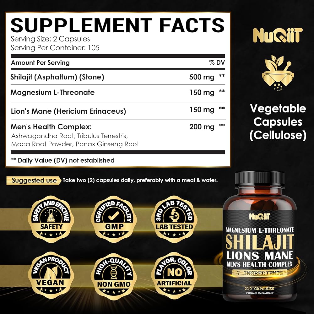 NUQIIT 1000mg Magnesium L-Threonate with Lions Mane, Shilajit Capsules