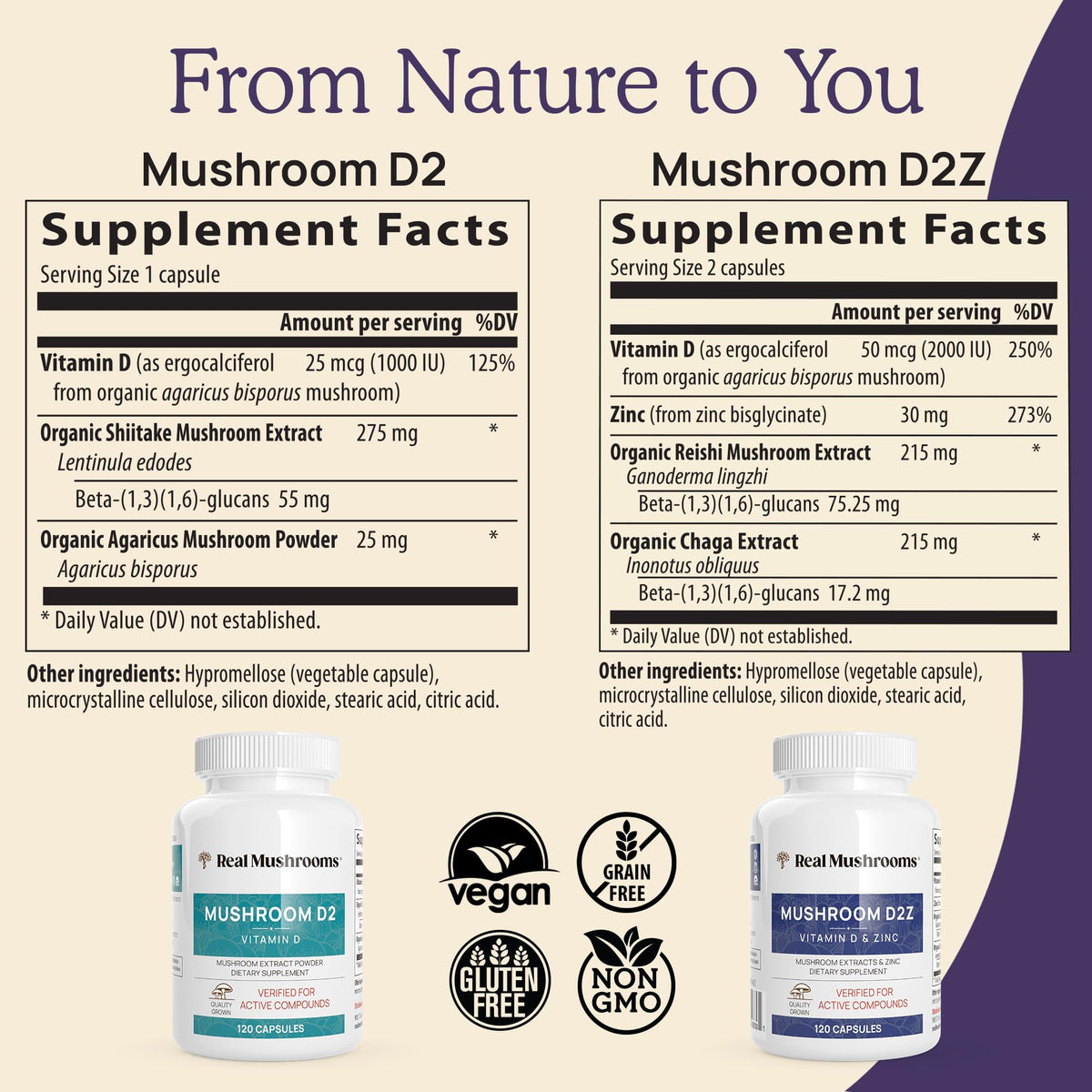 Real Mushrooms Zinc and Vitamin D2 Capsules – 120 Count - image 4