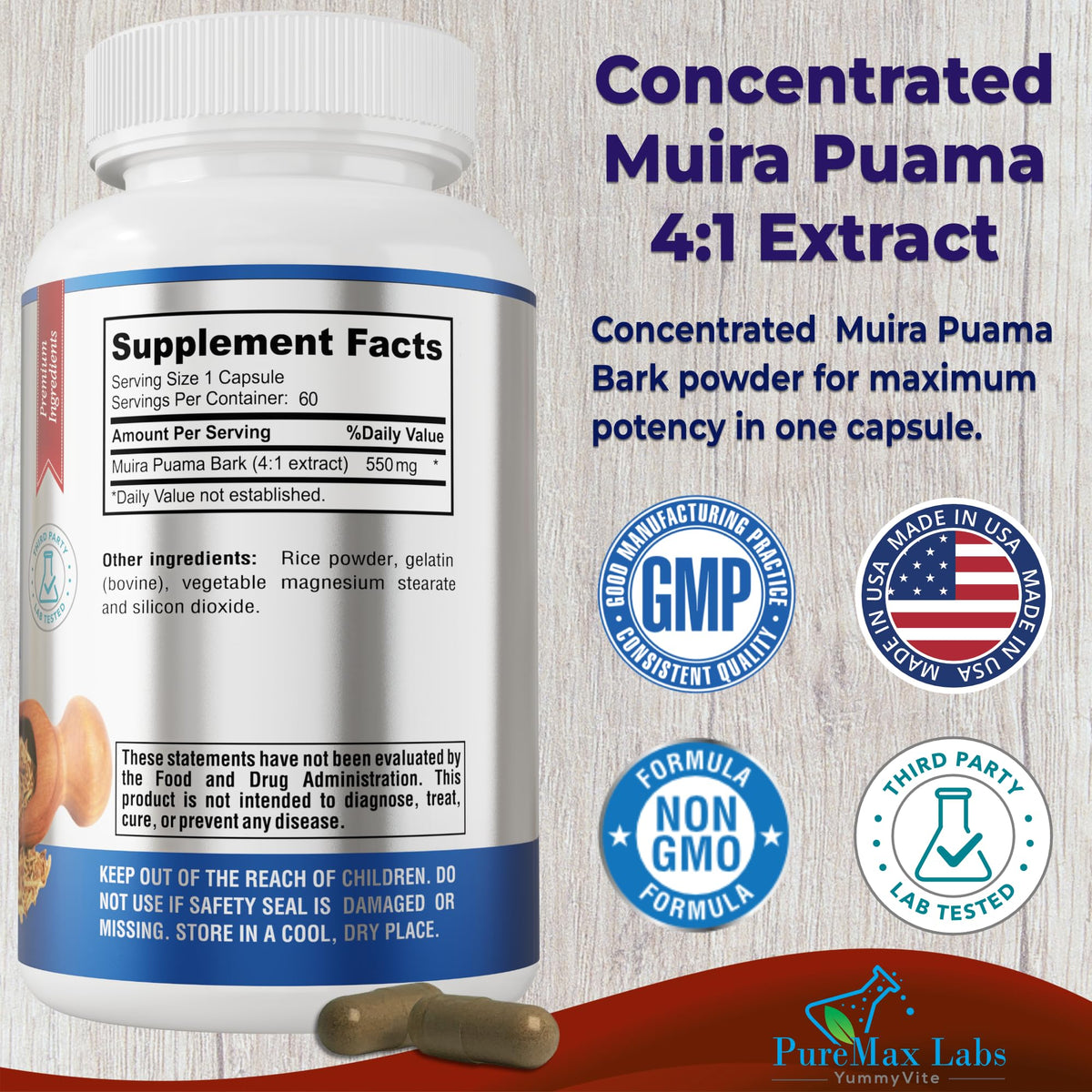 YUMMYVITE Muira Puama 550 mg 4:1 Extract - 60 Capsules - image 2