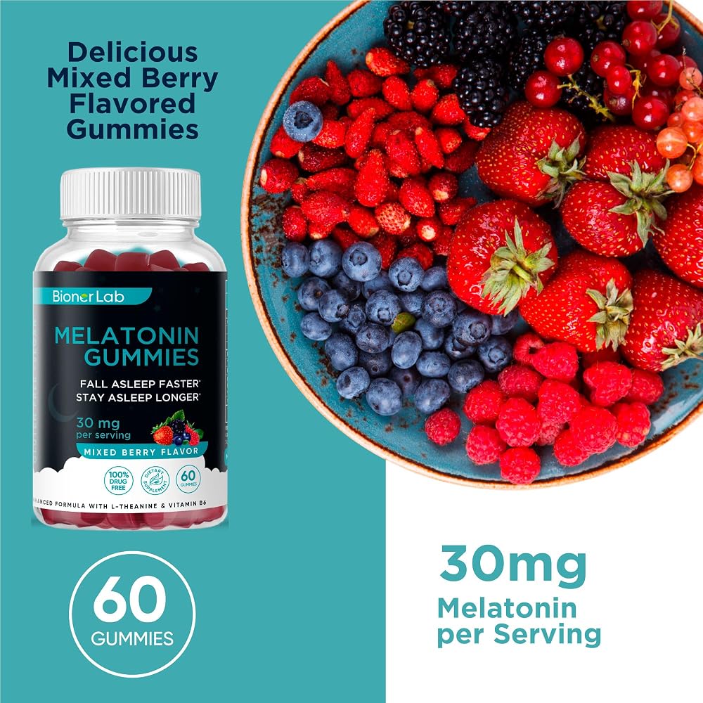 BionerLab Melatonin Gummies (30mg) Enhanced with L-theanine & Vitamin