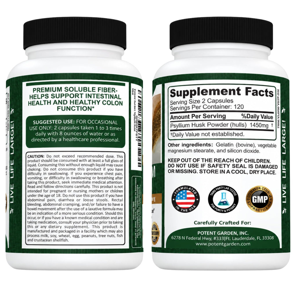 Potent Garden Psyllium Husk Capsules Soluble Fiber - 240 Capsules - image 5
