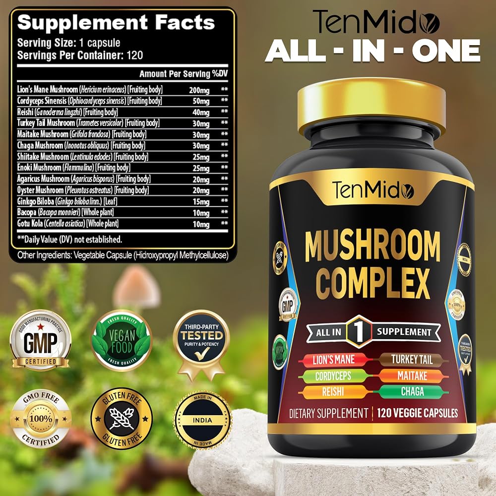 Tenmido Mushroom Complex Supplement 13-in-1 - 120 Capsules - image 2