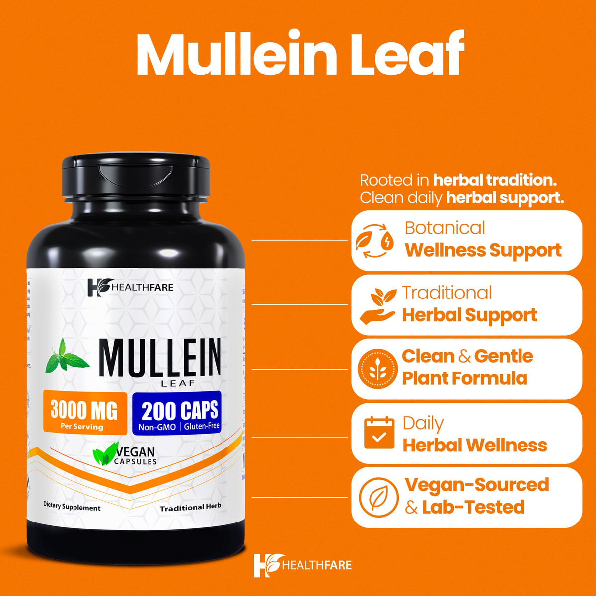 Healthfare Mullein Leaf Extract 3000mg Respiratory Support - 200 Capsules - image 2