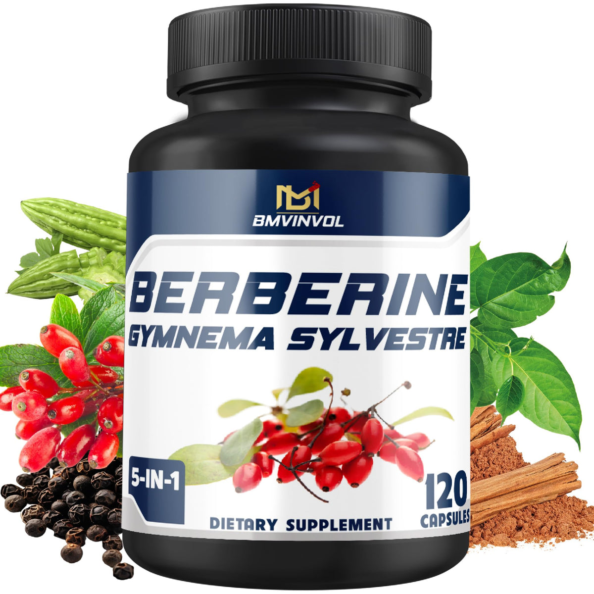 BMVINVOL 5-in-1 Berberine Supplement with Ceylon Cinnamon - 120 Capsules
