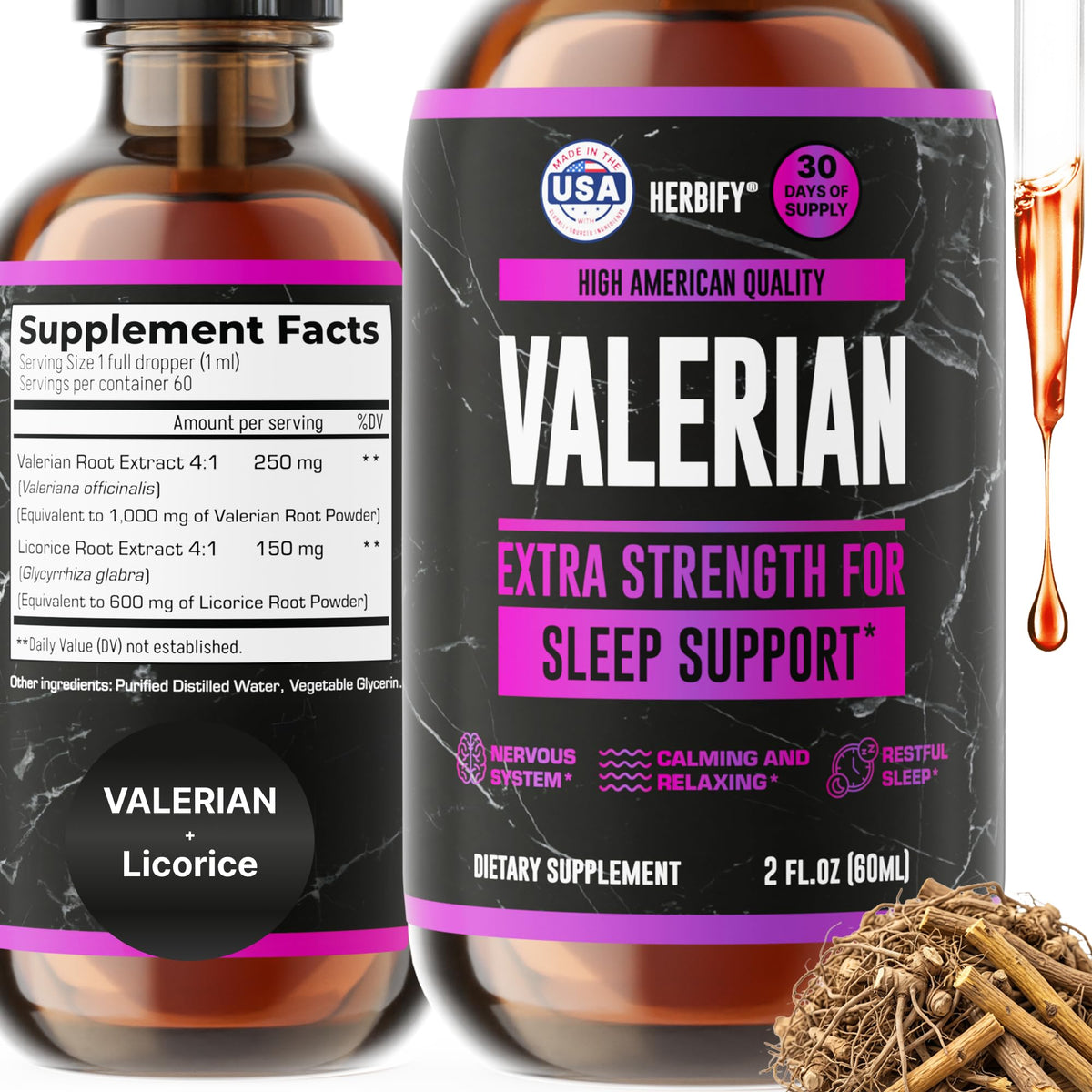 HERBIFY Valerian Root Tincture Liquid Drops for Sleep - 2 Fl Oz