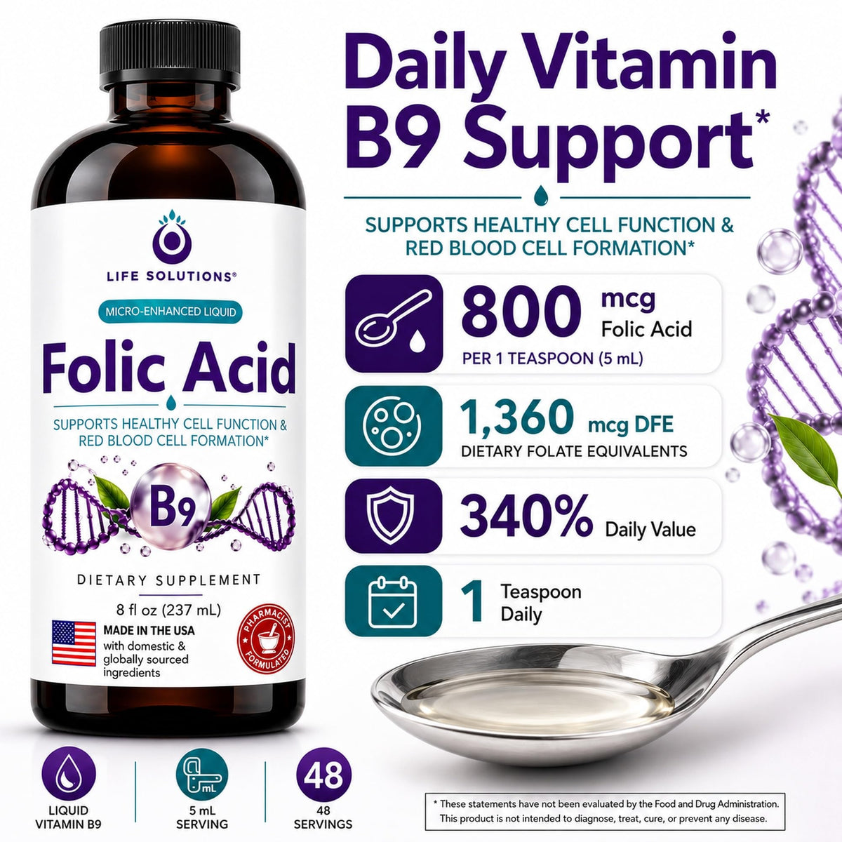 Life Solutions Liquid Vitamin B9 Folic Acid 800mcg Berry - 8oz - image 2