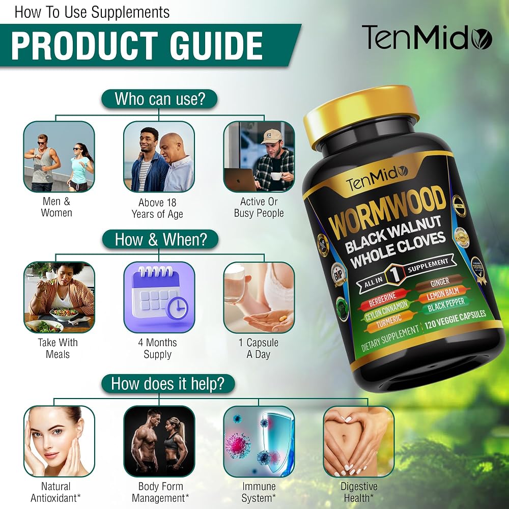 Tenmido Wormwood Black Walnut Clove Capsules - 120 Capsules - image 6