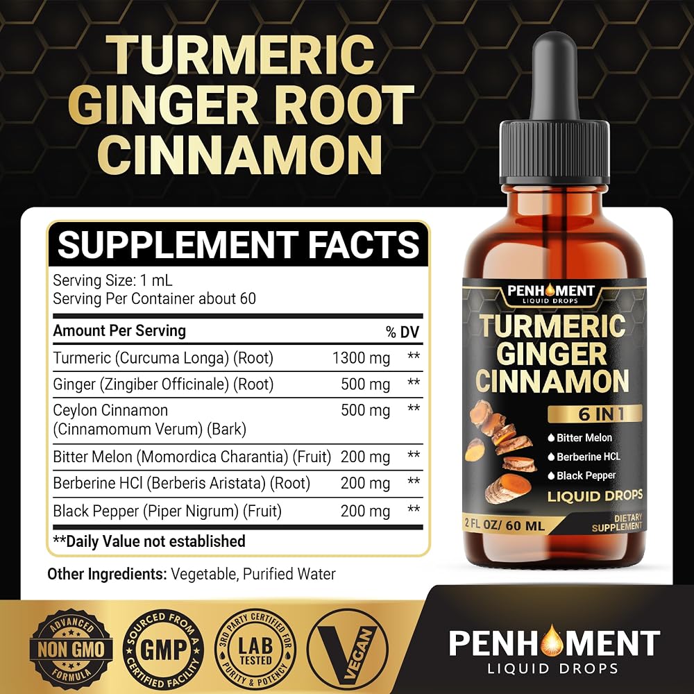 Penhoment 6in1 Liquid Turmeric Curcumin with Ginger & Berberine - 2 Fl Oz - image 2