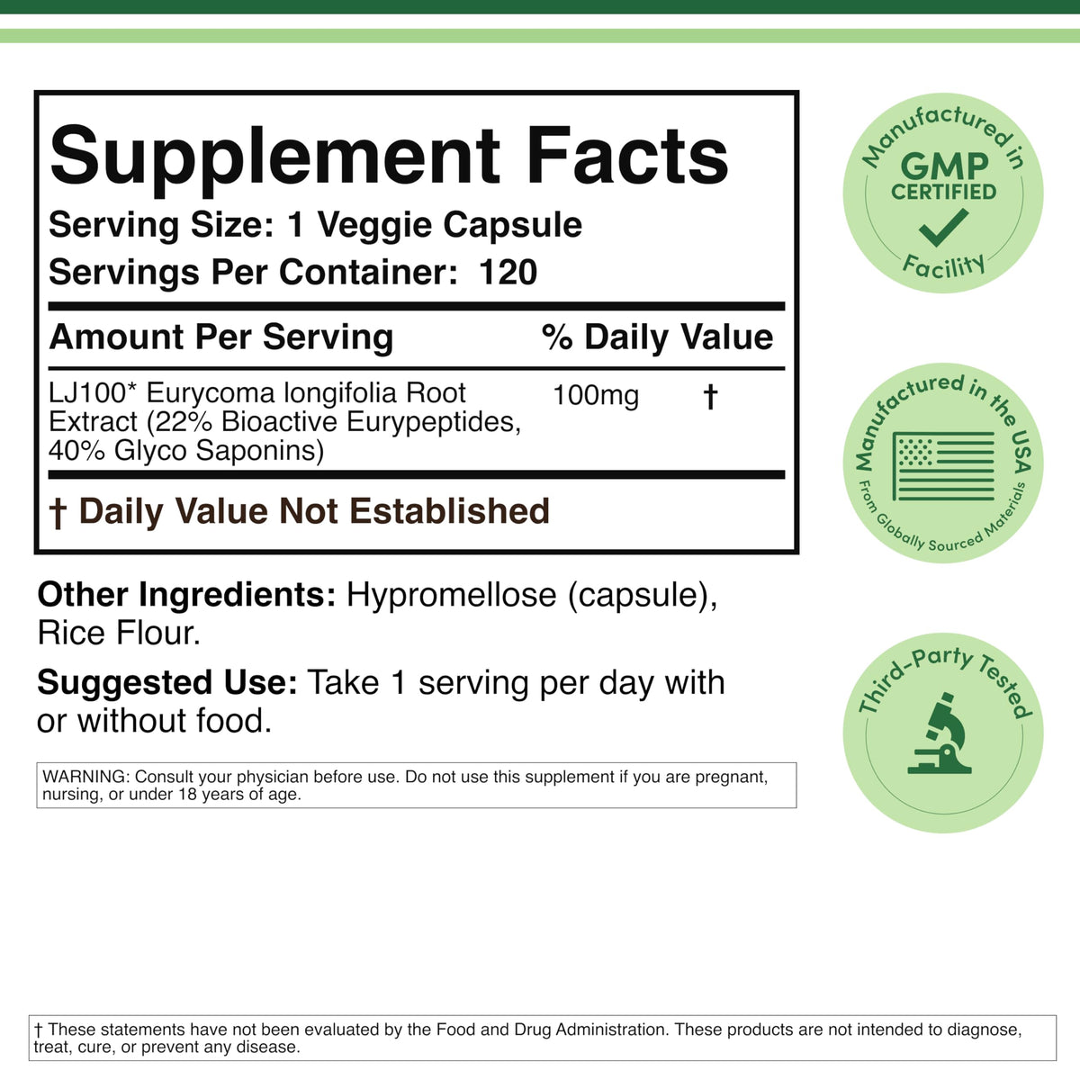 Double Wood Supplements LJ100 Tongkat Ali 100mg - 120 Capsules - image 2