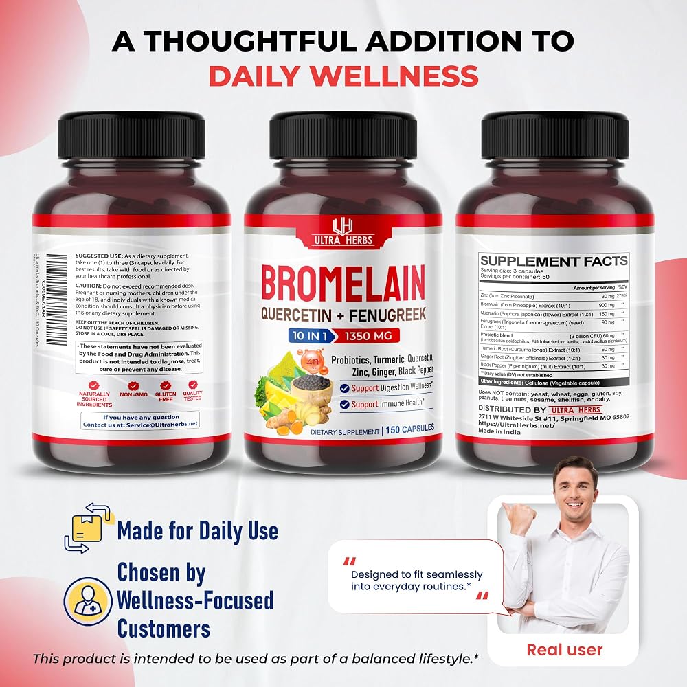 Ultra Herbs Bromelain Complex 1350mg with Quercetin - 150 Capsules - image 9