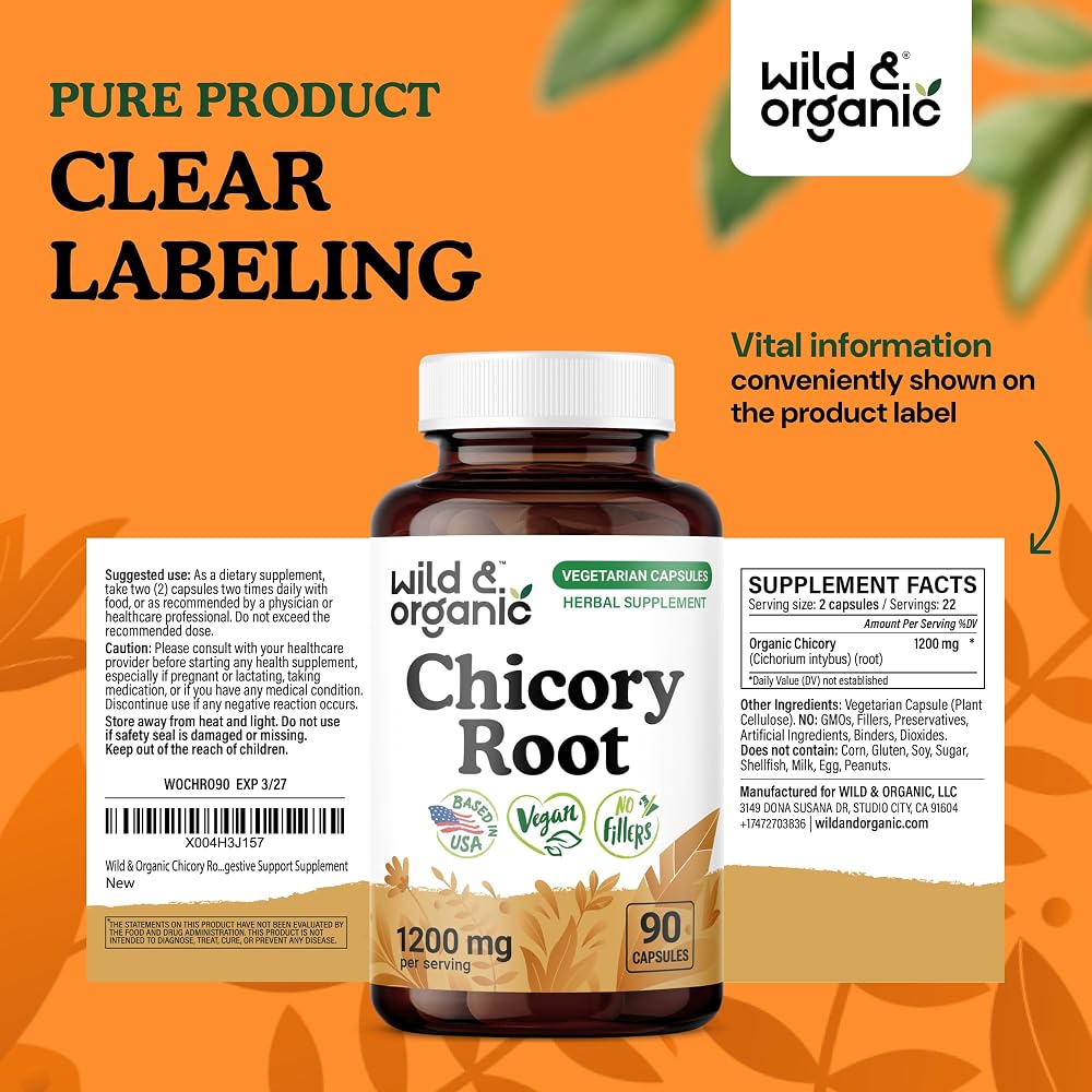 Wild & Organic Chicory Root Fiber Capsules - 1200 mg of Chicory Root