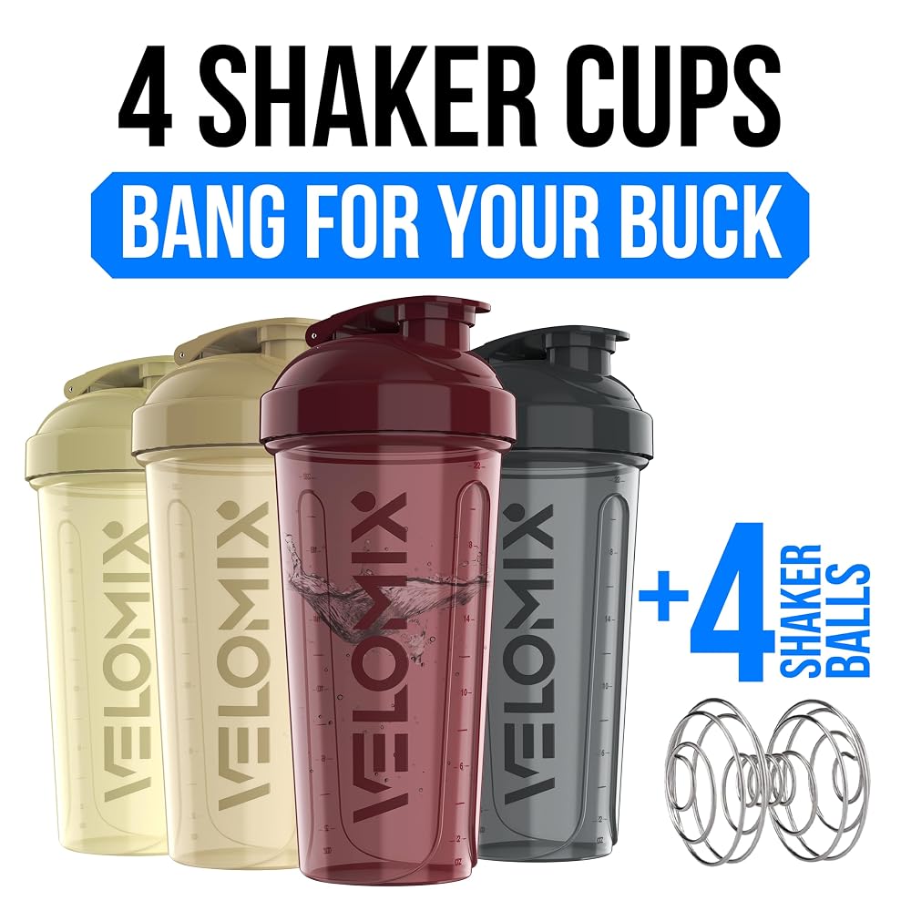 VELOMIX 4 Pack 28oz Protein Shaker Bottle for Protein Mixes