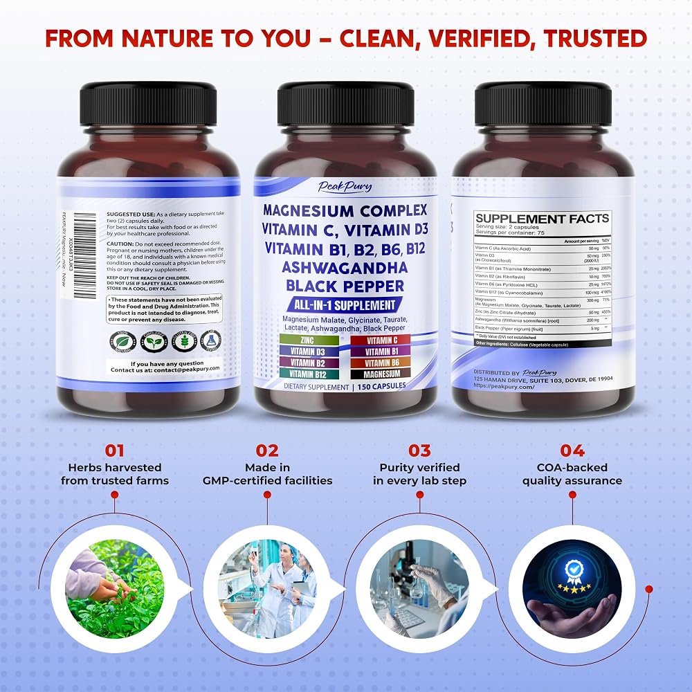 PeakPury Magnesium Complex 10-in-1 with Ashwagandha - 150 Capsules - image 8