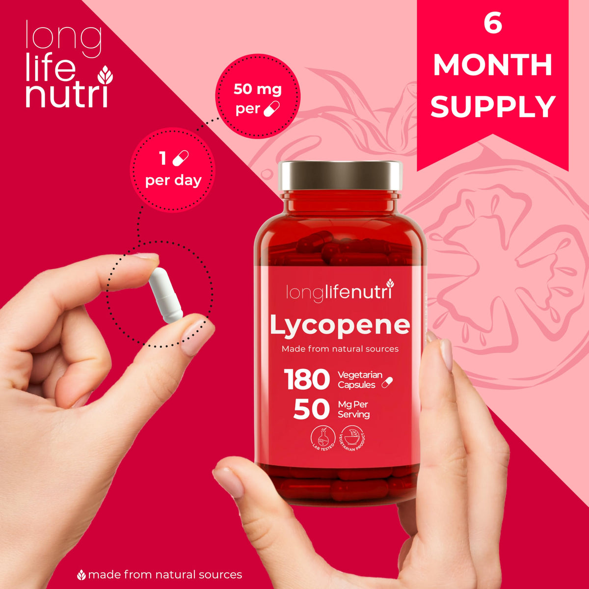 LongLifeNutri Lycopene 50mg Natural Tomato Extract - 180 Capsules - image 5