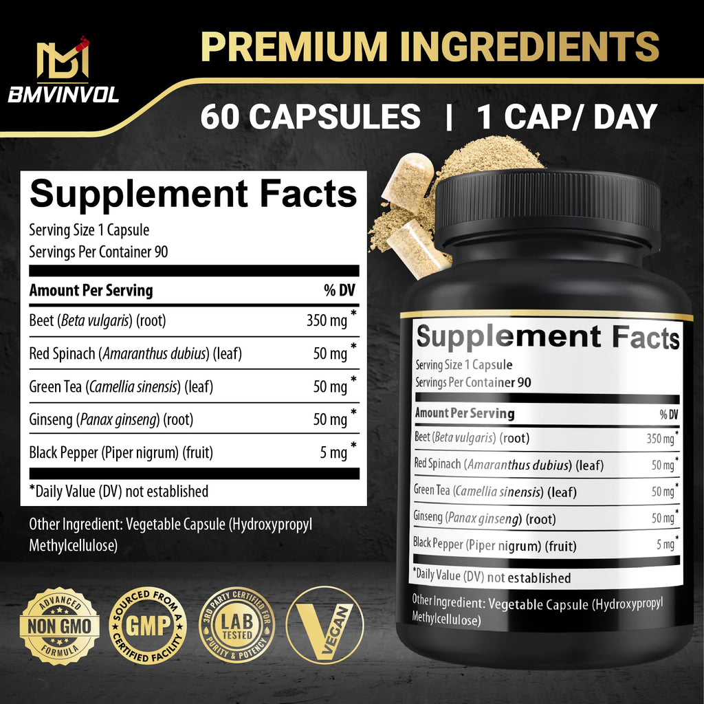 BMVINVOL Beet Root Capsules with Green Tea & Ginseng - 90 Capsules - image 2