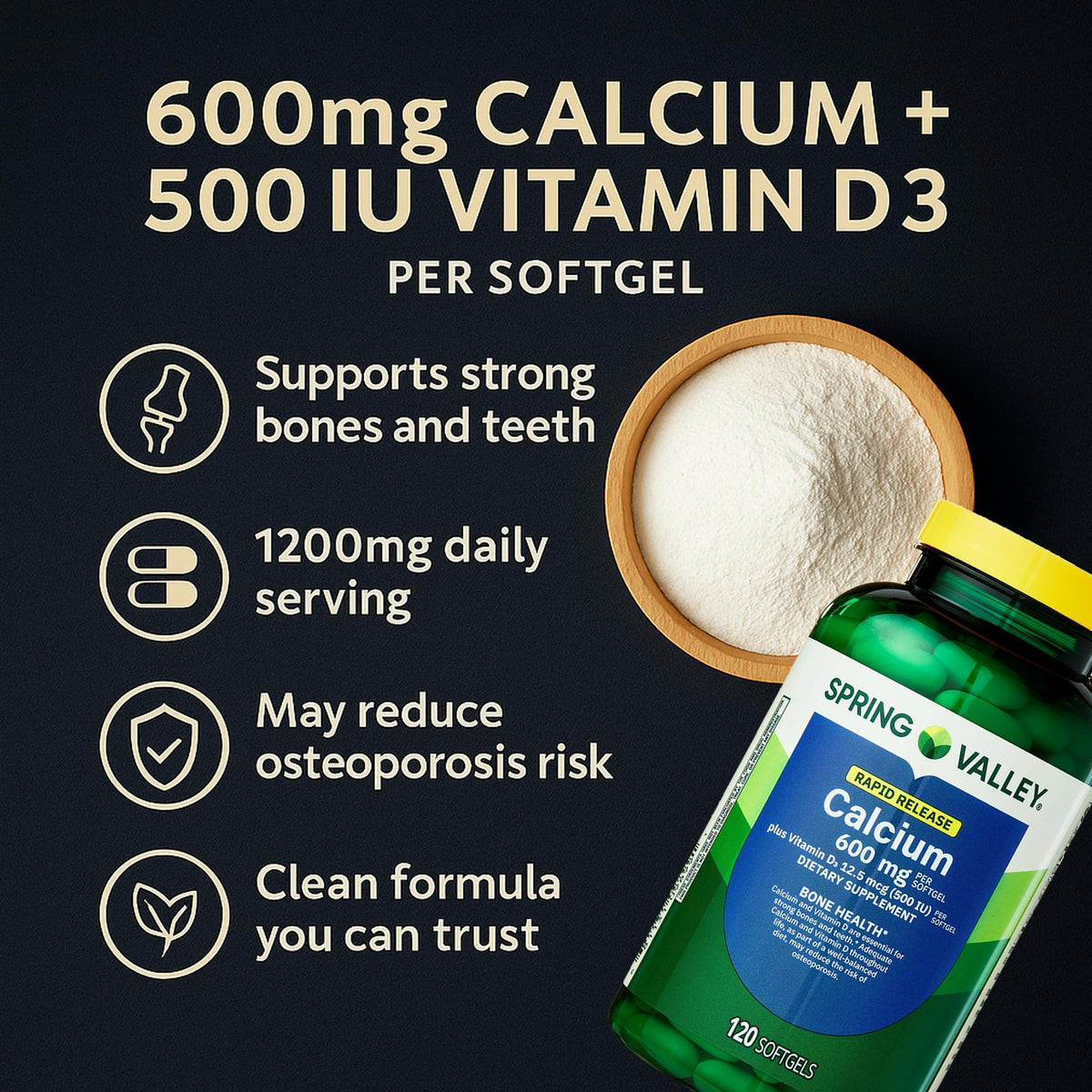 LUAL Spring Valley Calcium 600 mg + Vitamin D3 - 120 Softgels - image 4