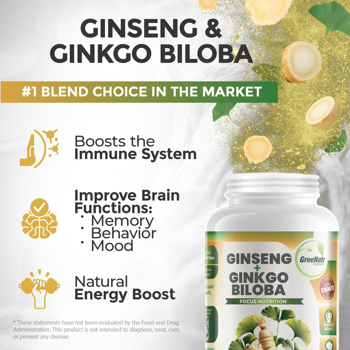 GreeNatr Ginkgo Biloba Panax Ginseng Moringa Capsules - 120 Count - image 3