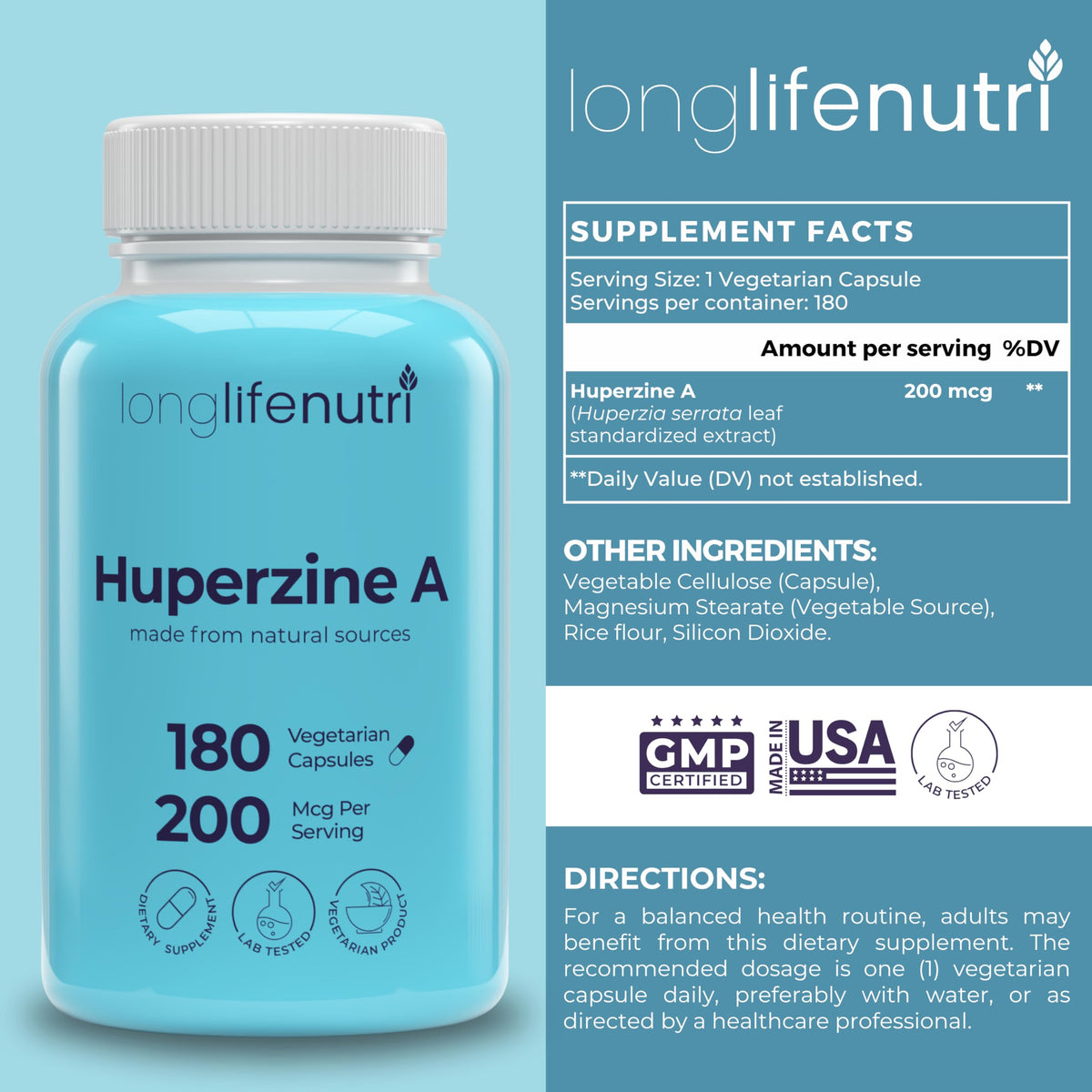 LongLifeNutri Huperzine A 200mcg Brain Nootropic - 180 Vegetarian Capsules - image 2