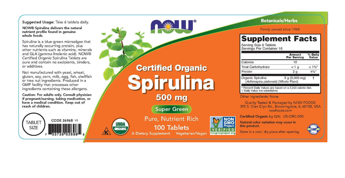 NOW Foods Spirulina 500 mg Organic - 100 Tablets (2 Pack) - image 2