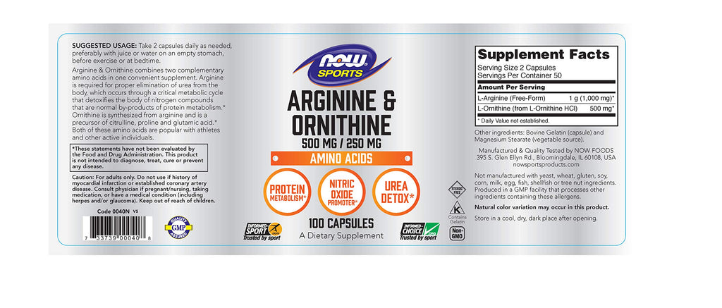 Now Foods Arginine Ornithine 500mg/200mg - 100 Capsules - image 2