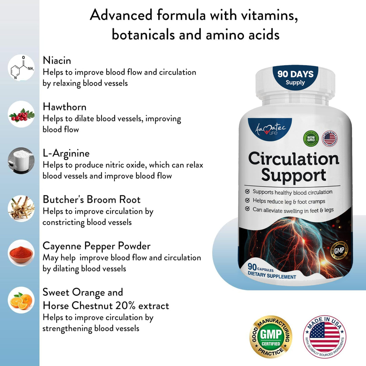 AAMATEC LIFE Blood Circulation Support L-Arginine & Hawthorn - 90 Capsules - image 4