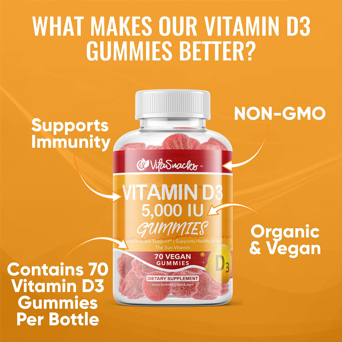 VitaSnacks Vitamin D3 5000 IU Gummies Immune Support - 70 Count - image 2