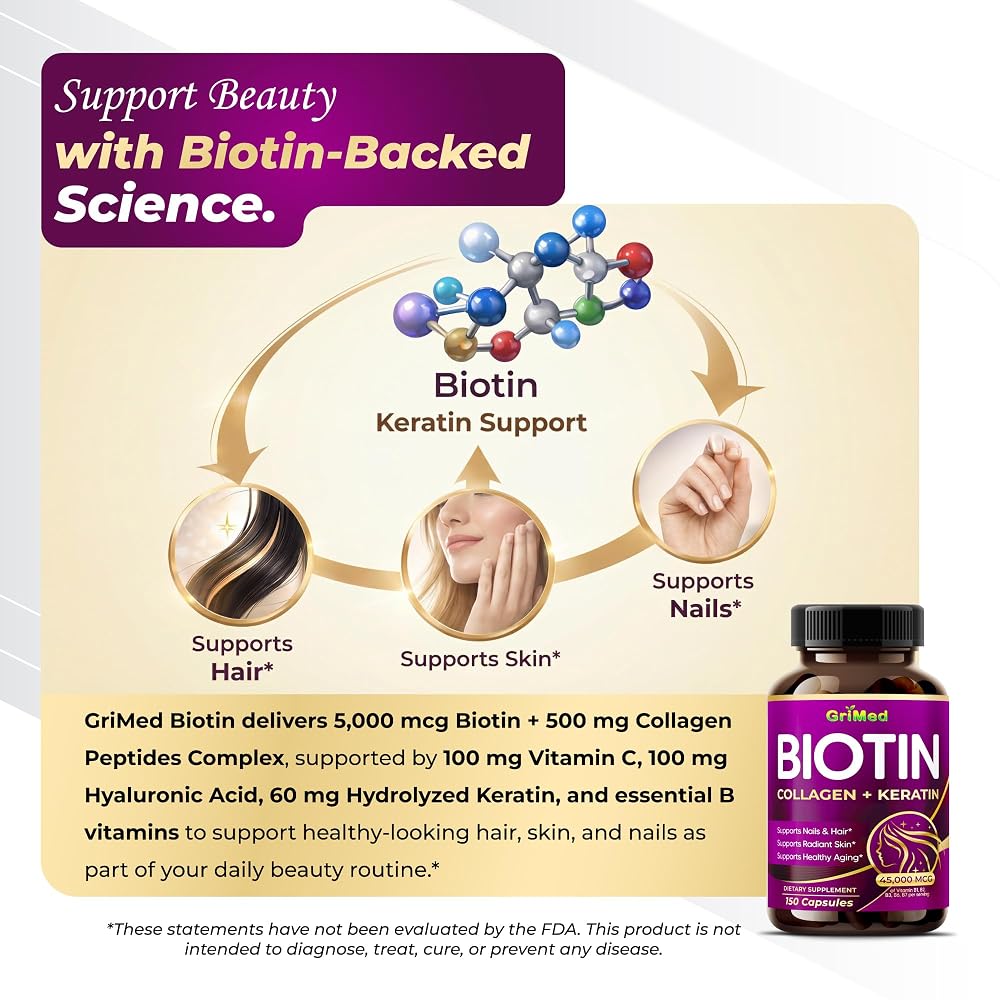 GriMed Biotin Complex 5,000 mcg with Collagen & Hyaluronic Acid - 150 Capsules - image 3