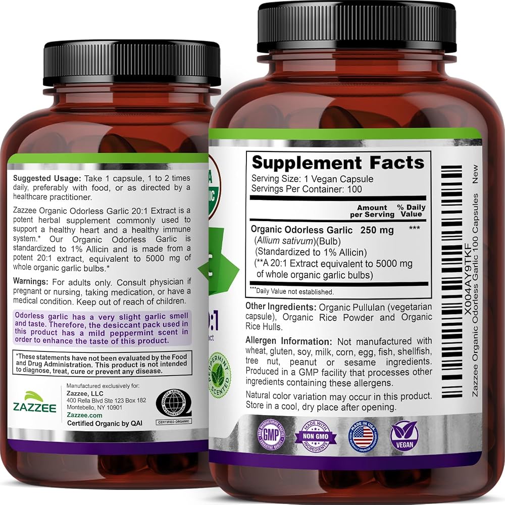 Zazzee USDA Organic Odorless Garlic 20:1 Extract
