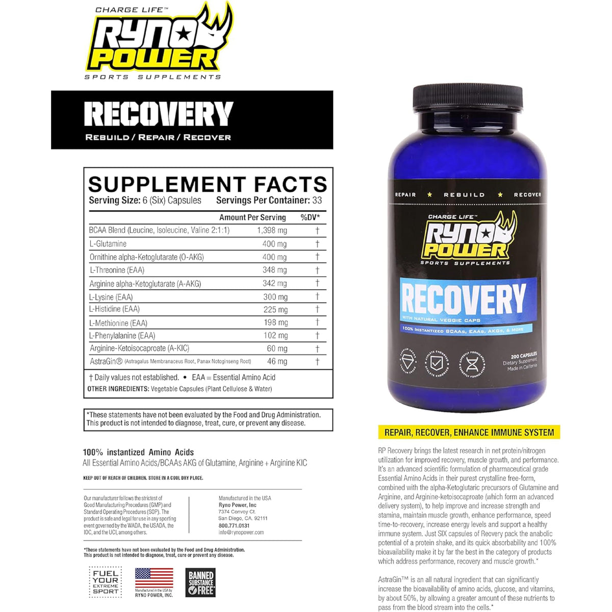 Ryno Power Recovery Post-Workout Supplement - 200 Capsules - image 3