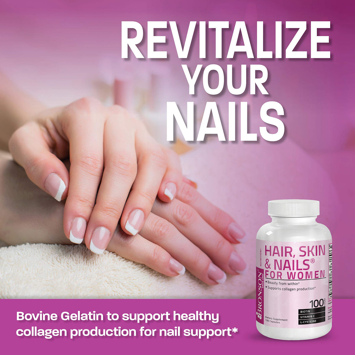 Bronson Hair, Skin & Nails with Biotin Extra Strength - 100 Capsules - image 3