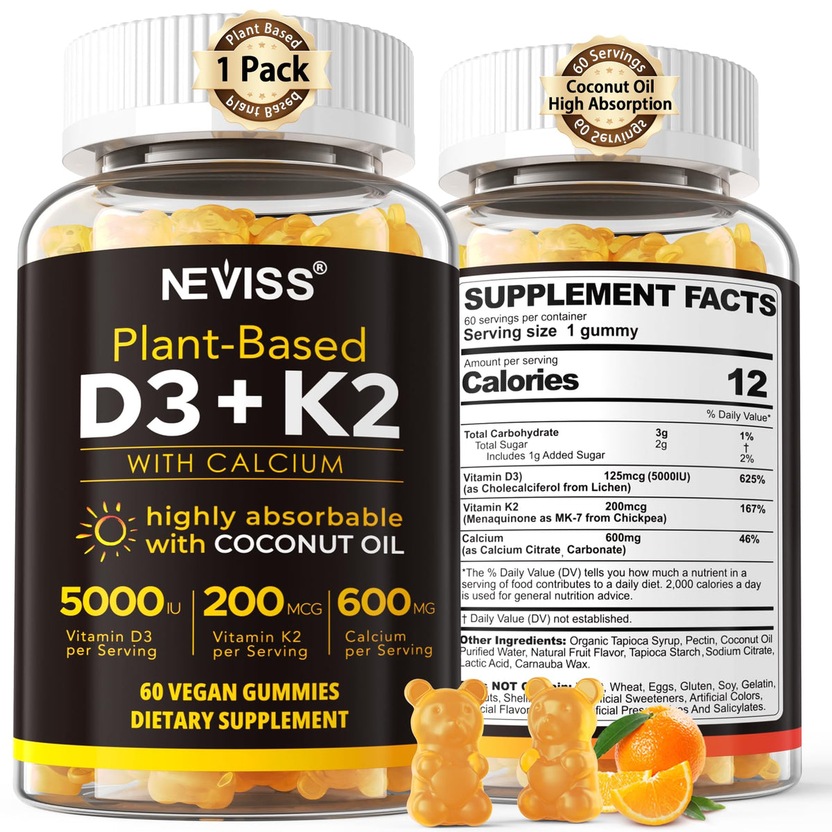 NEVISS Vitamin D3 K2 Gummies with Calcium - Vegan D3 5000 IU + K2