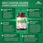 Zazzee USDA Organic Lion's Mane 20:1 Extract 30% Beta Glucans - 120 Capsules - image 7
