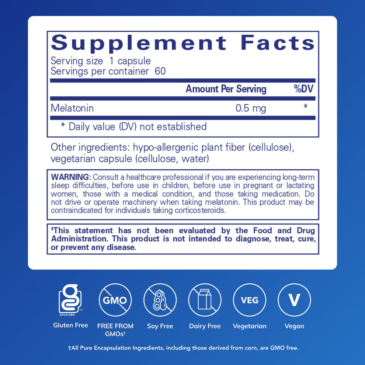 Pure Encapsulation Capsules Melatonin 0.5Mg Natural Sleeping Bottle