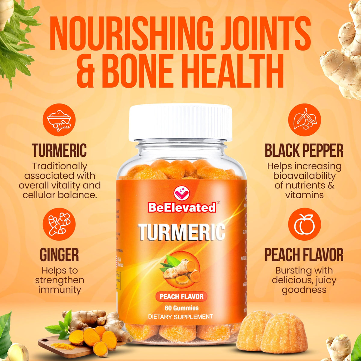 BeElevated Turmeric Gummies for Adults Peach Flavor