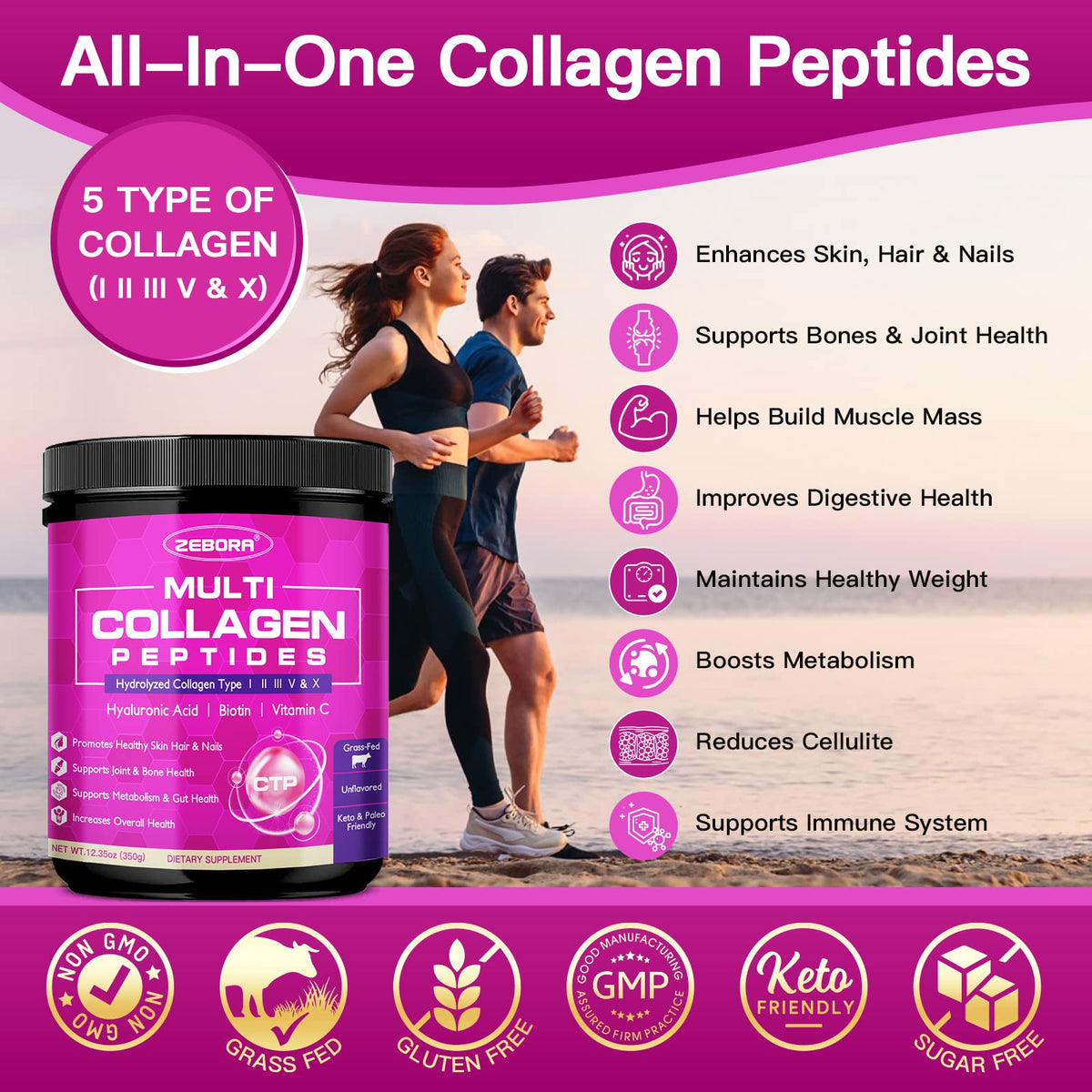 ZEBORA Multi Collagen Peptides Powder for Women - 35 Servings - image 3