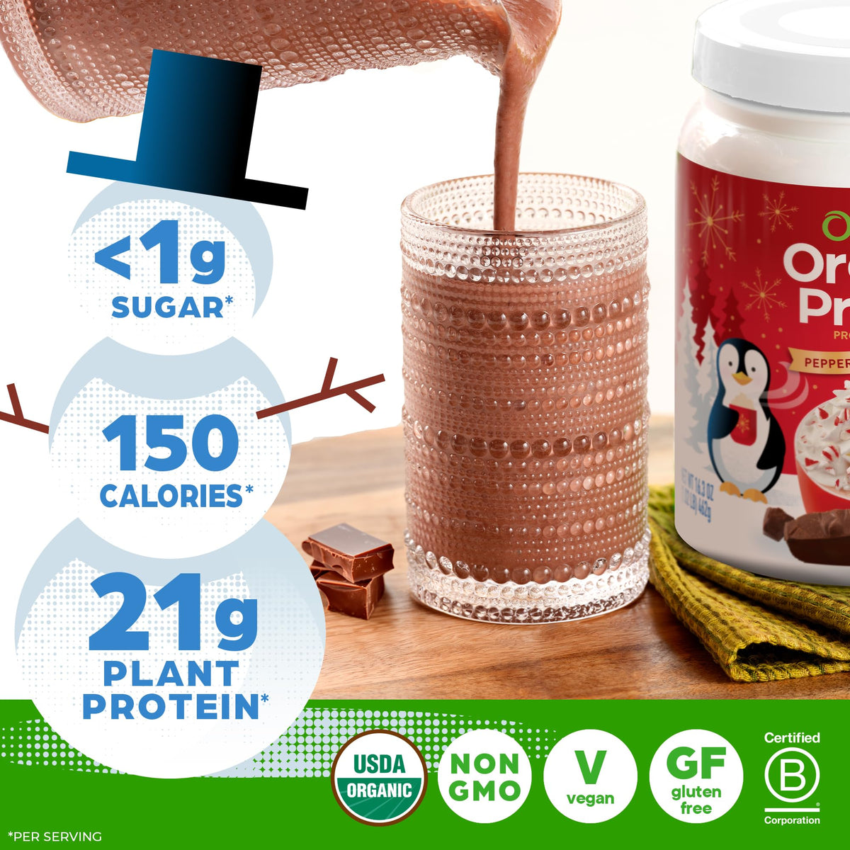 Orgain Organic Vegan 21g Protein Powder, Peppermint Hot Cocoa, 1.02 lb
