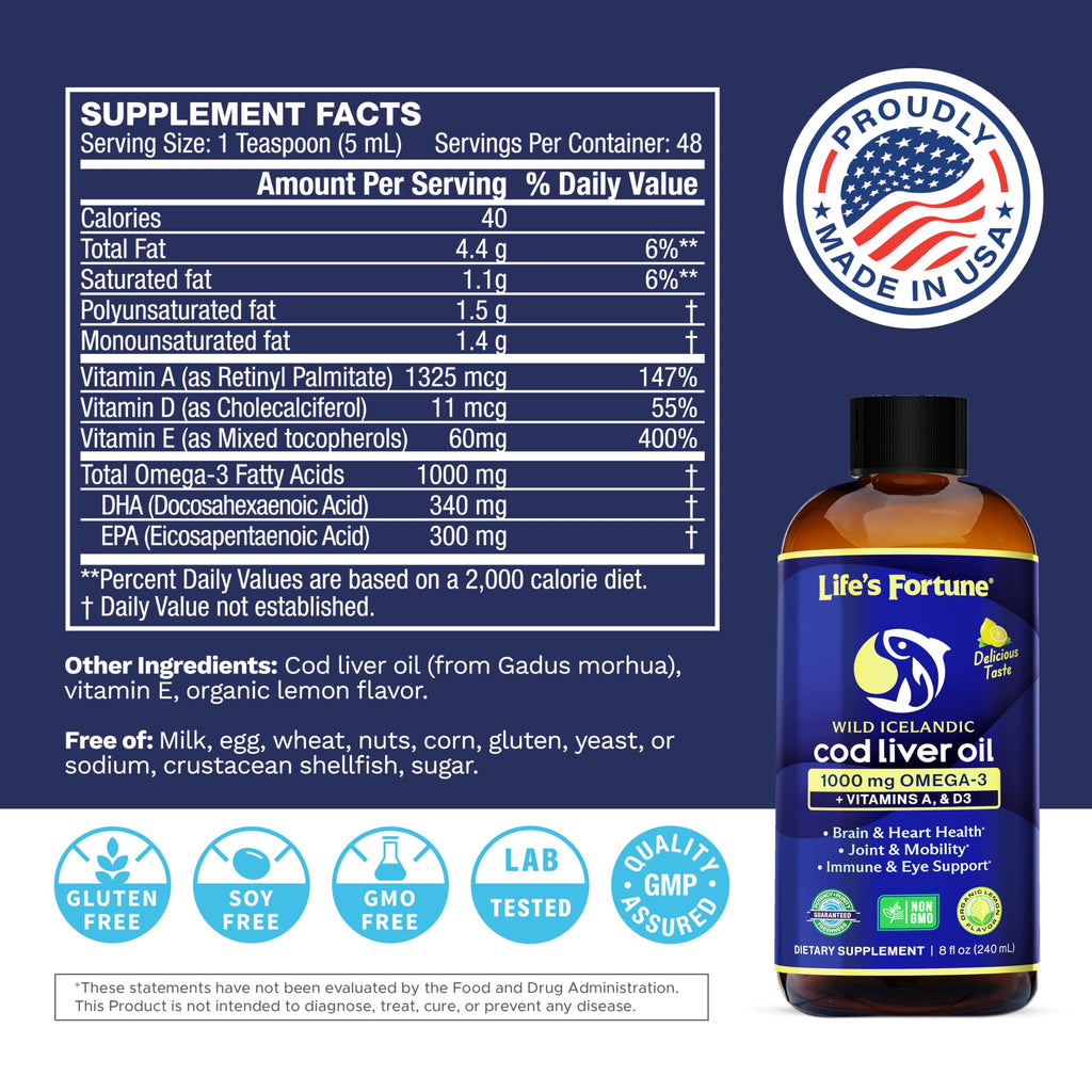 Life's Fortune Cod Liver Oil Liquid Lemon Flavor Organic Supplement