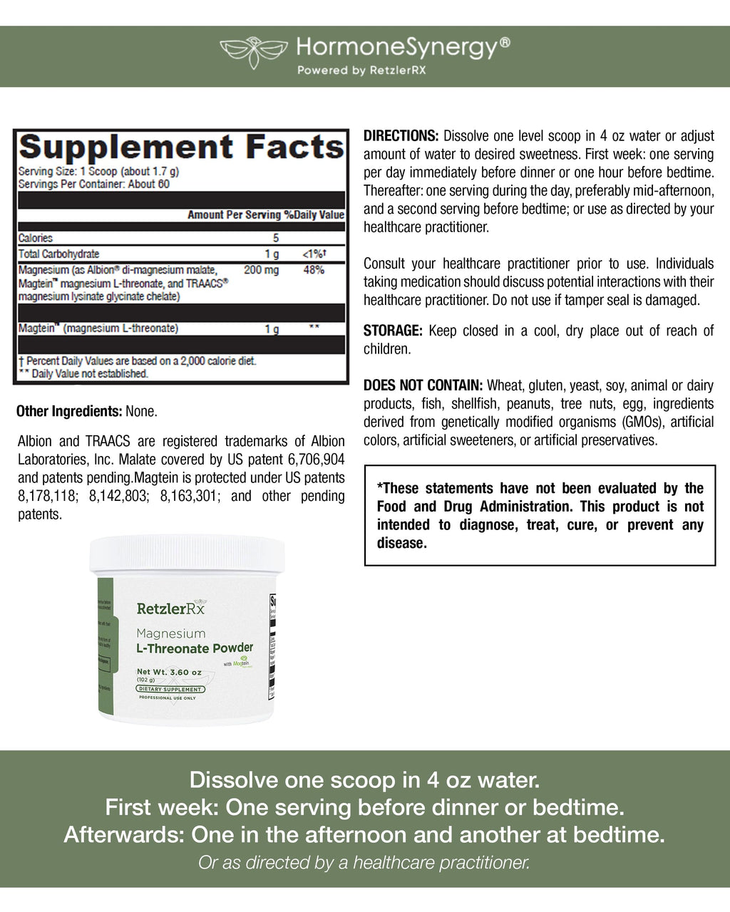 HormoneSynergy Magnesium L-Threonate Powder w/Magtein®- Magnesium