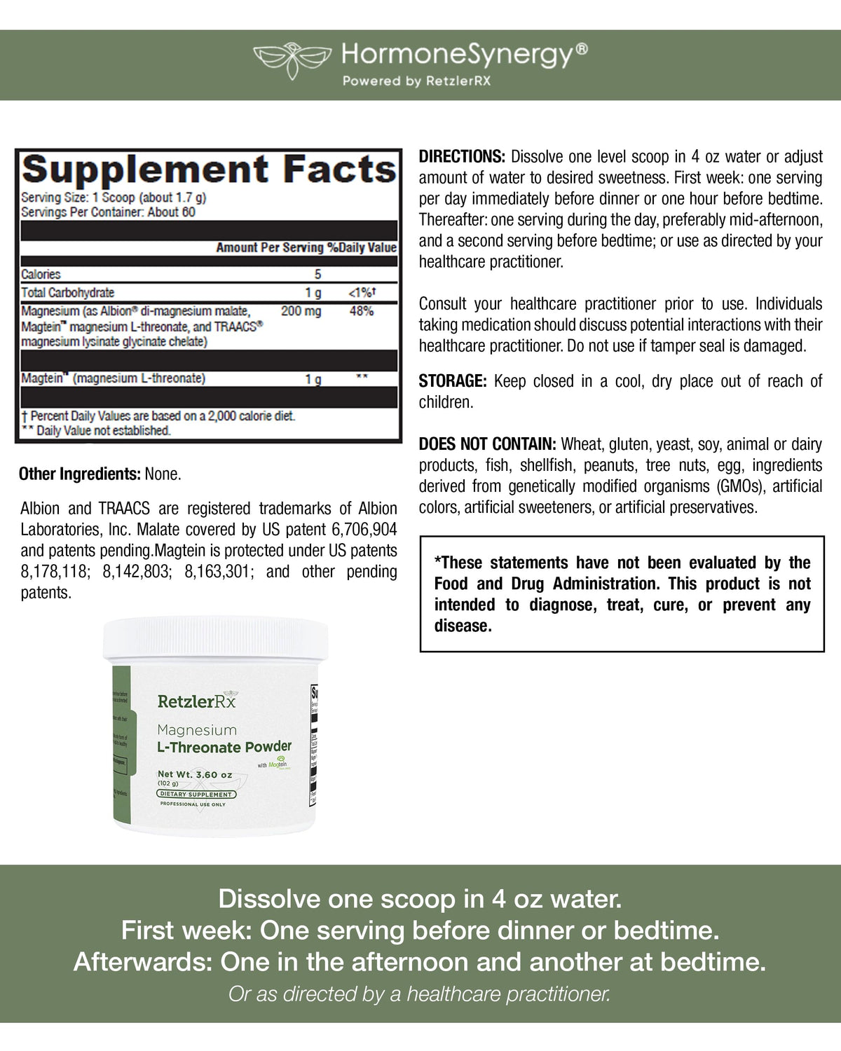 HormoneSynergy Magnesium L-Threonate Powder w/Magtein®- Magnesium