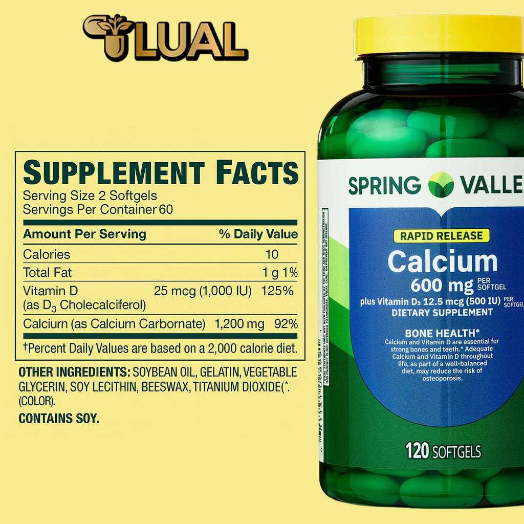 LUAL Spring Valley Calcium 600 mg + Vitamin D3 - 120 Softgels - image 3