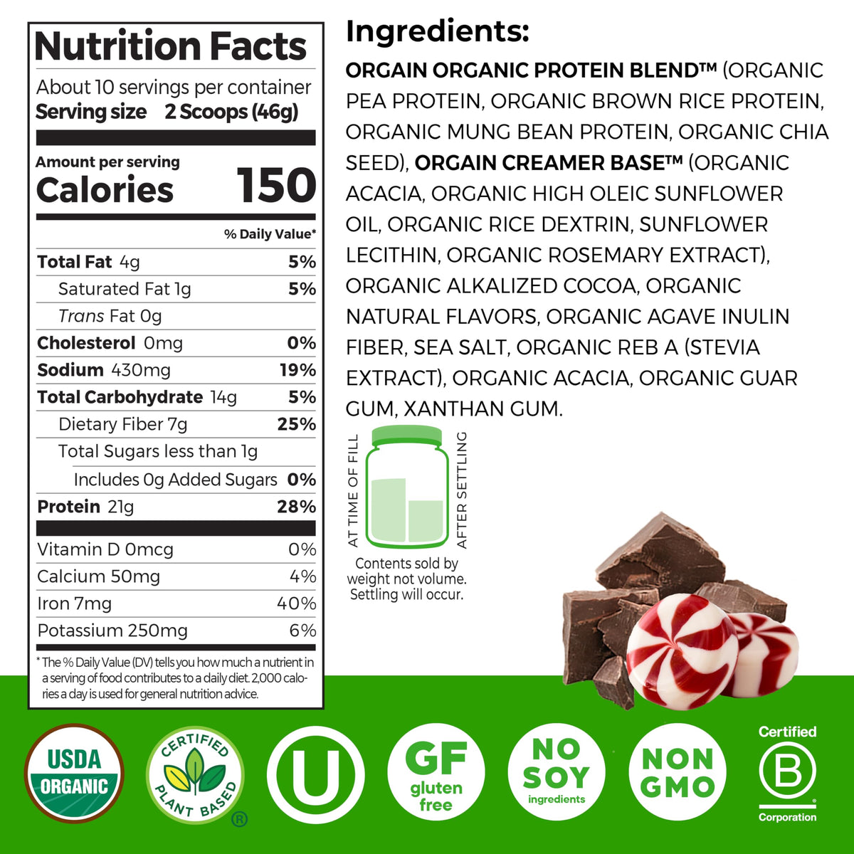 Orgain Organic Vegan 21g Protein Powder, Peppermint Hot Cocoa, 1.02 lb