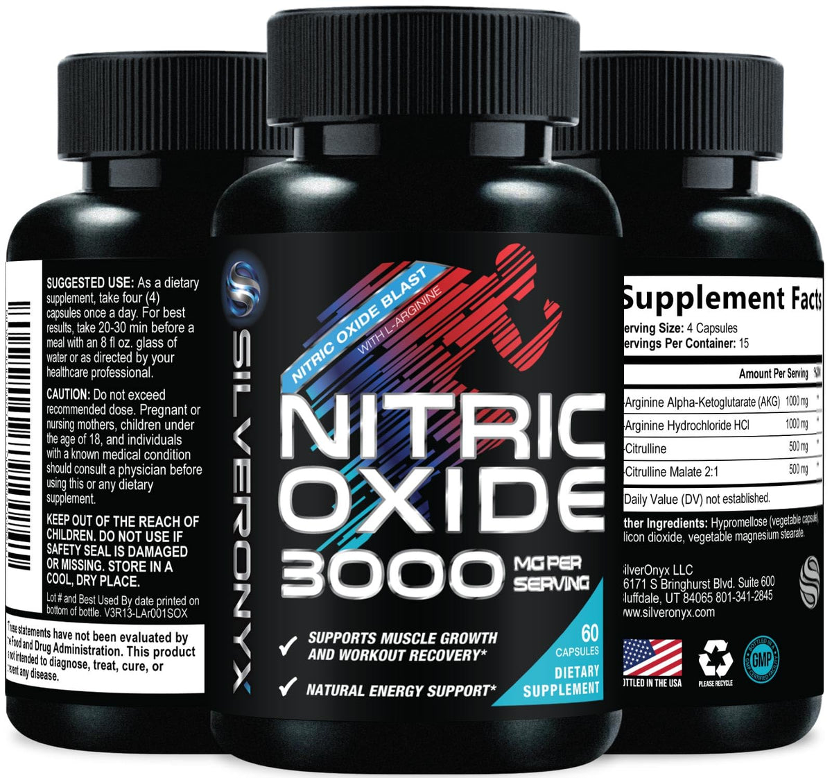 SILVERONYX Nitric Oxide Supplement 3000mg Blend - 3X Strength