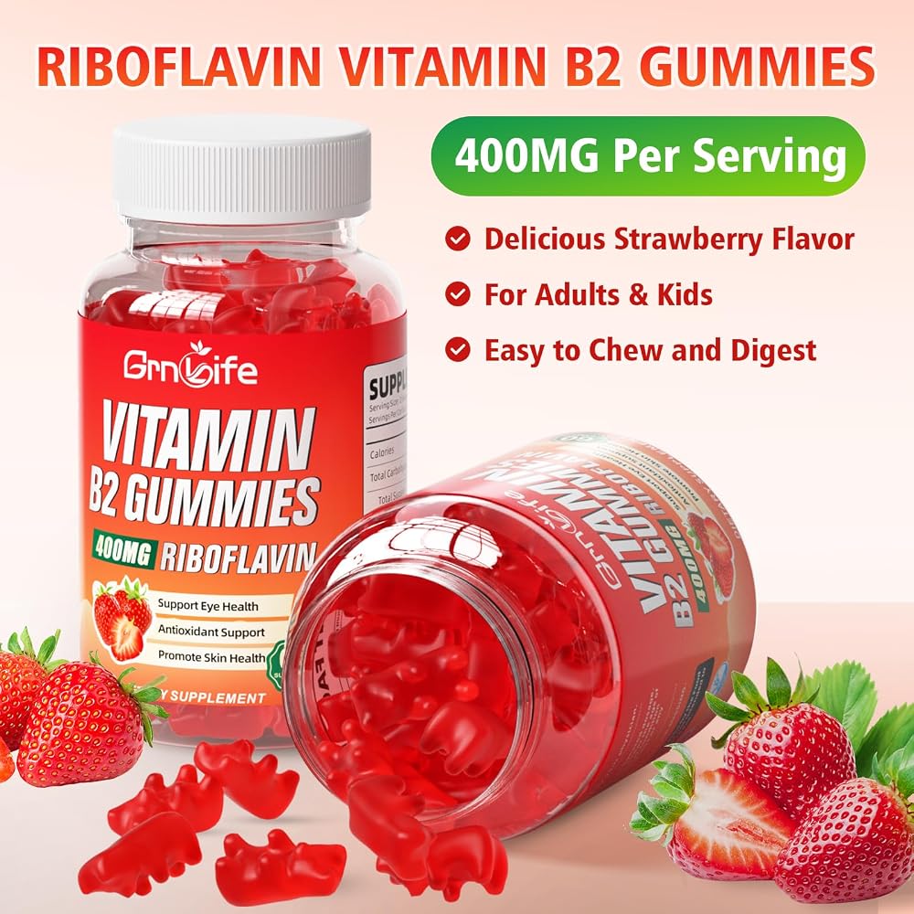 GrnLife Vitamin B2 Gummies, Riboflavin 400mg with Magnesium for Kids