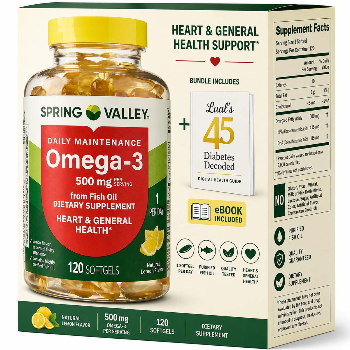LUAL Spring Valley Omega-3 Fish Oil 500 mg Heart Health - 120 Softgels