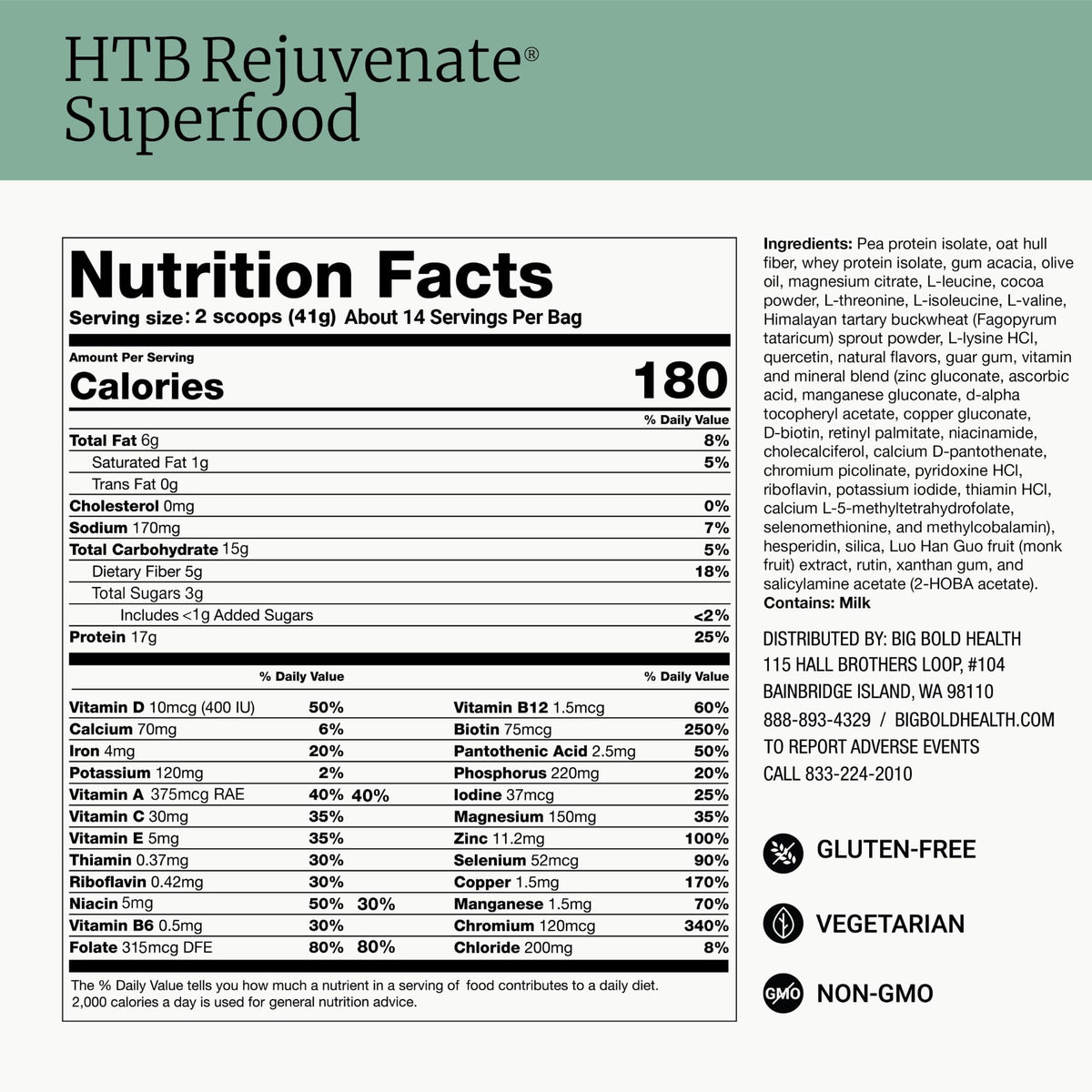 BIG BOLD HEALTH HTB Rejuvenate Plant-Based Protein Powder - 14 Servings - image 5
