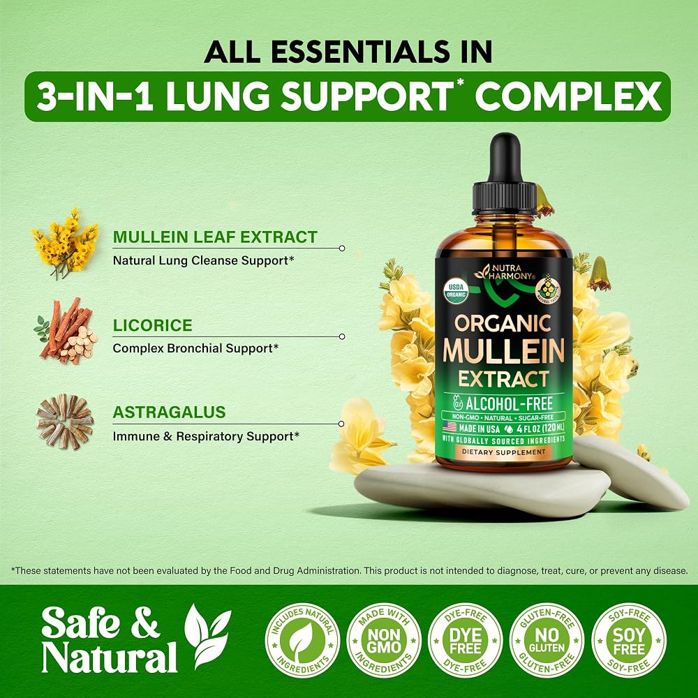 NUTRAHARMONY Mullein Drops for Lungs - USDA Organic Liquid - Mullein
