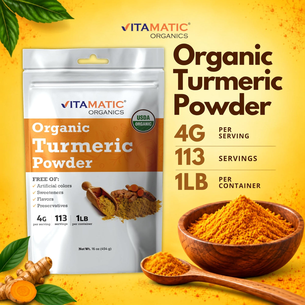 Vitamatic Certified USDA Organic Turmeric Powder - 1 lb - image 6