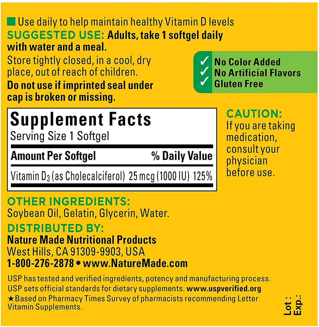 Nature Made Vitamin D3 1000 IU Softgels - 200 Count - image 2
