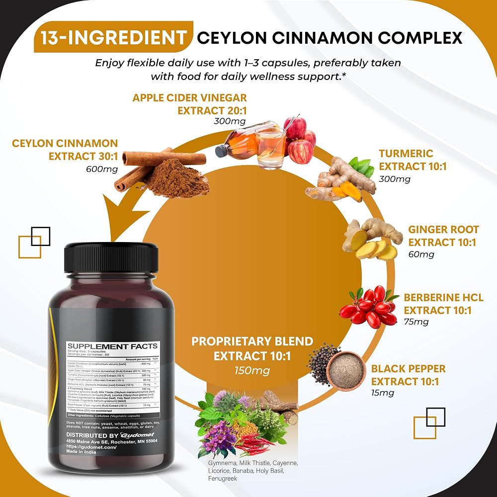 GUDOMET Ceylon Cinnamon 1500 mg with Apple Cider Vinegar - 150 Capsules - image 3